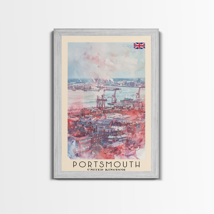 Portsmouth United Kingdom Travel Poster Framed Canvas Print, Watercolor Painting, Coastal Wall Art, Home Decor, British Seaside, Modern Art