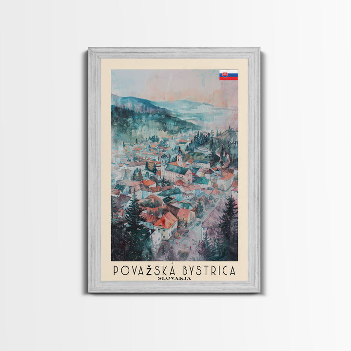 Povazska Bystrica Slovakia Travel Poster Framed Canvas Print, Watercolor Painting, Scenic Wall Art, Home Decor, Slovakian Landscape, Modern Decor