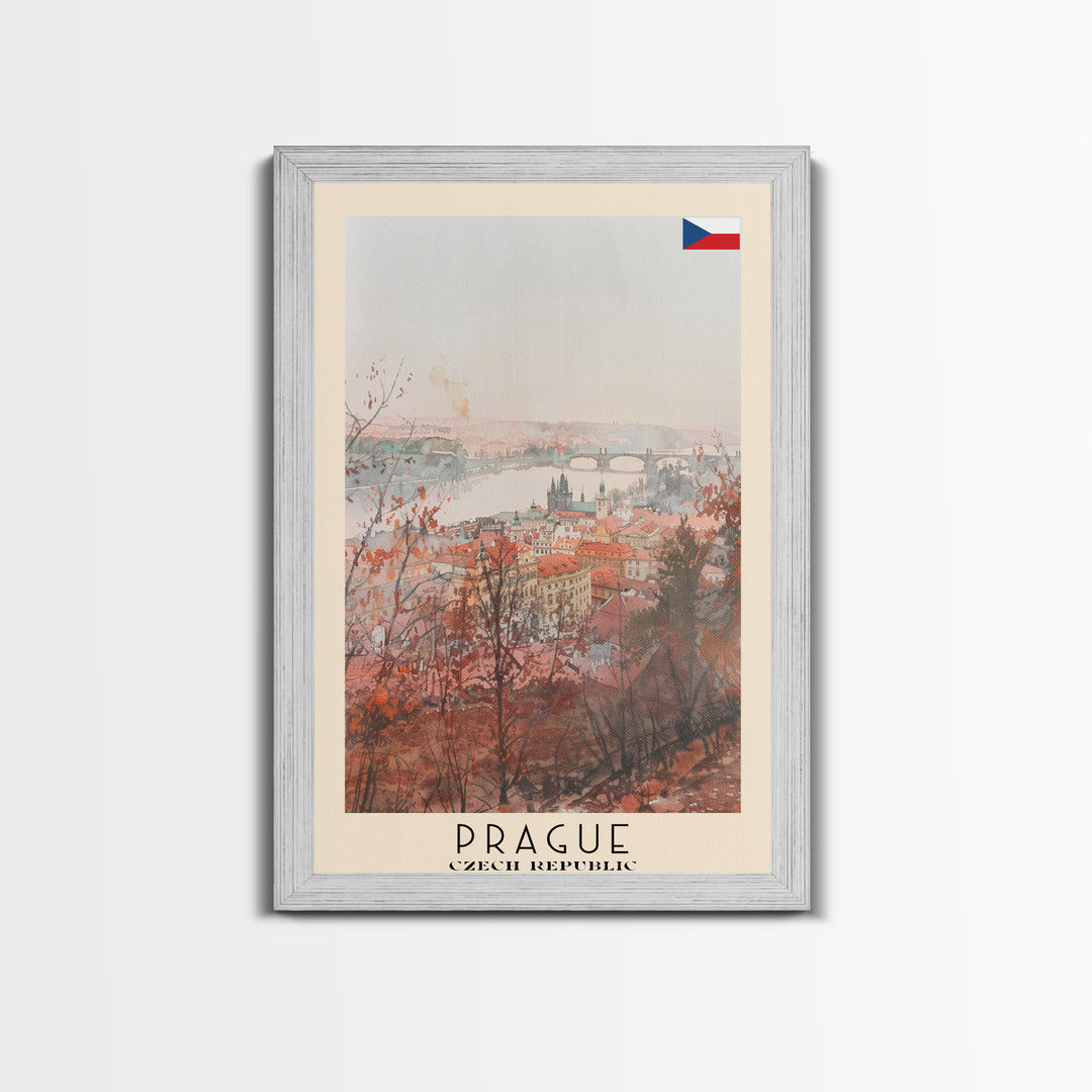 Prague Czech Republic Travel Poster Framed Canvas Print, Watercolor Painting, Historic Wall Art, Home Decor, Czech Architecture, Classic Decor
