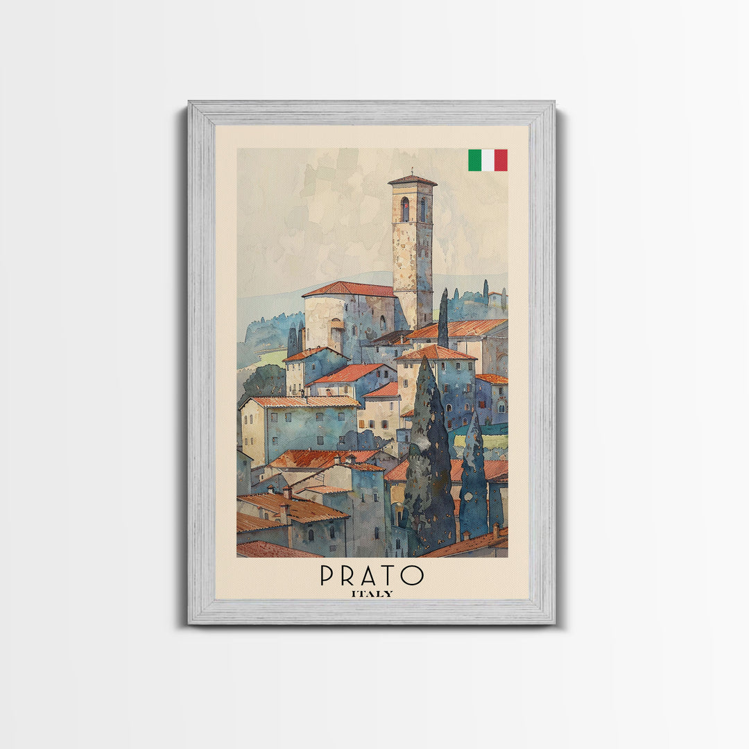 Prato Italy Travel Poster Framed Canvas Print, Watercolor Painting, Scenic Wall Art, Home Decor, Italian Landscape, Vibrant Art