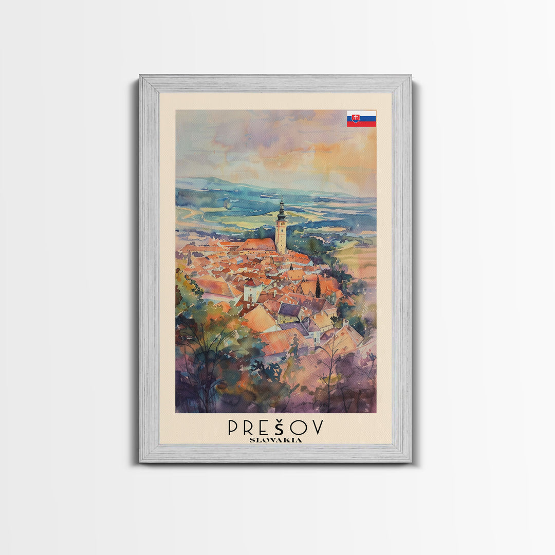 Presov Slovakia Travel Poster Framed Canvas Print, Watercolor Painting, Scenic Wall Art, Home Decor, Slovakian Cityscape, Artistic Decor