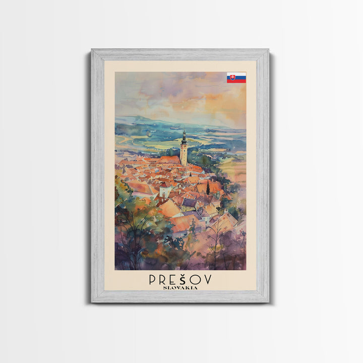 Presov Slovakia Travel Poster Framed Canvas Print, Watercolor Painting, Scenic Wall Art, Home Decor, Slovakian Cityscape, Artistic Decor