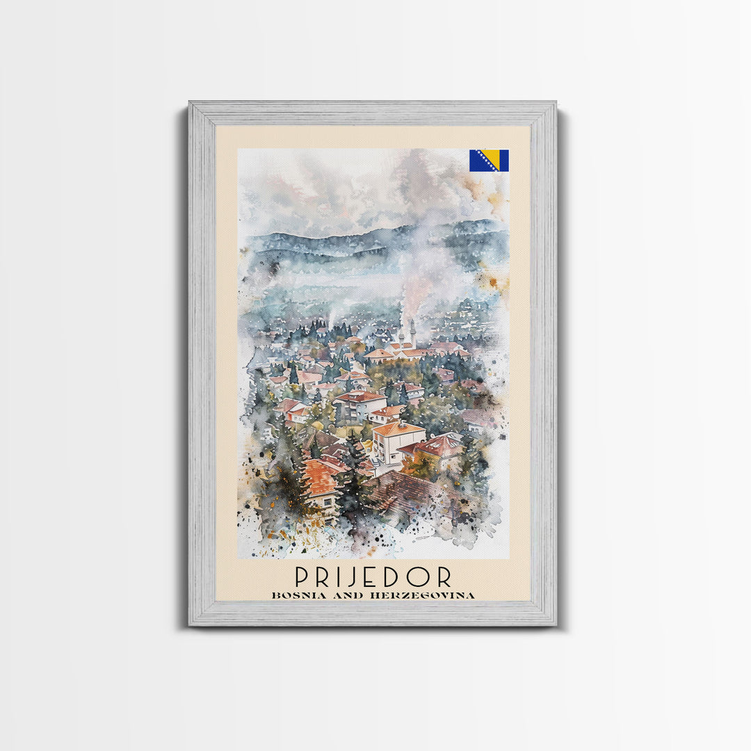 Prijedor Bosnia and Herzegovina Travel Poster Framed Canvas Print, Watercolor Painting, Scenic Wall Art, Home Decor, Bosnian Cityscape, Classic Art