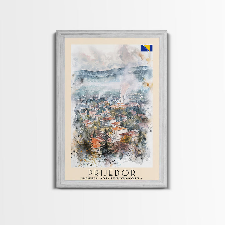 Prijedor Bosnia and Herzegovina Travel Poster Framed Canvas Print, Watercolor Painting, Scenic Wall Art, Home Decor, Bosnian Cityscape, Classic Art