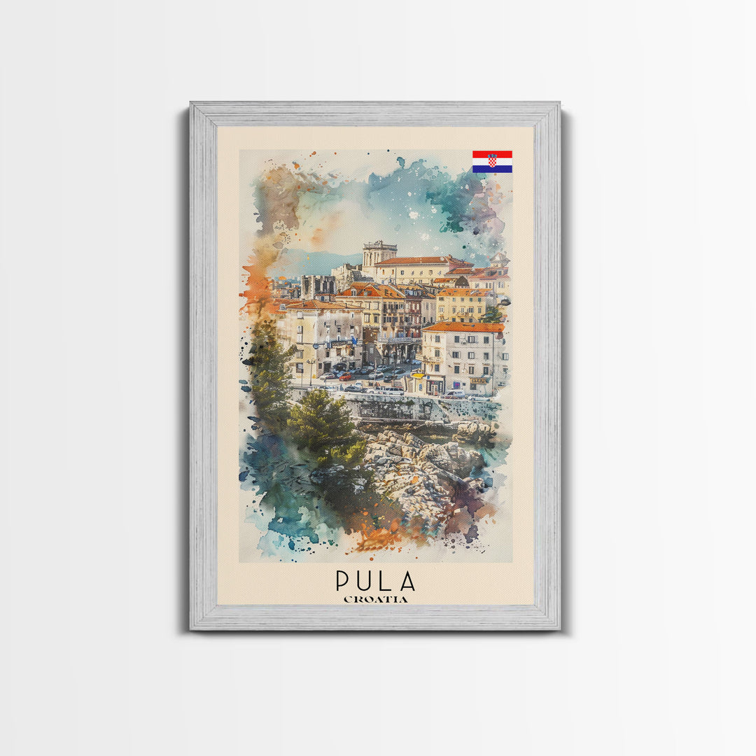 Pula Croatia Travel Poster Framed Canvas Print, Watercolor Painting, Coastal Wall Art, Home Decor, Croatian Seaside, Vibrant Decor