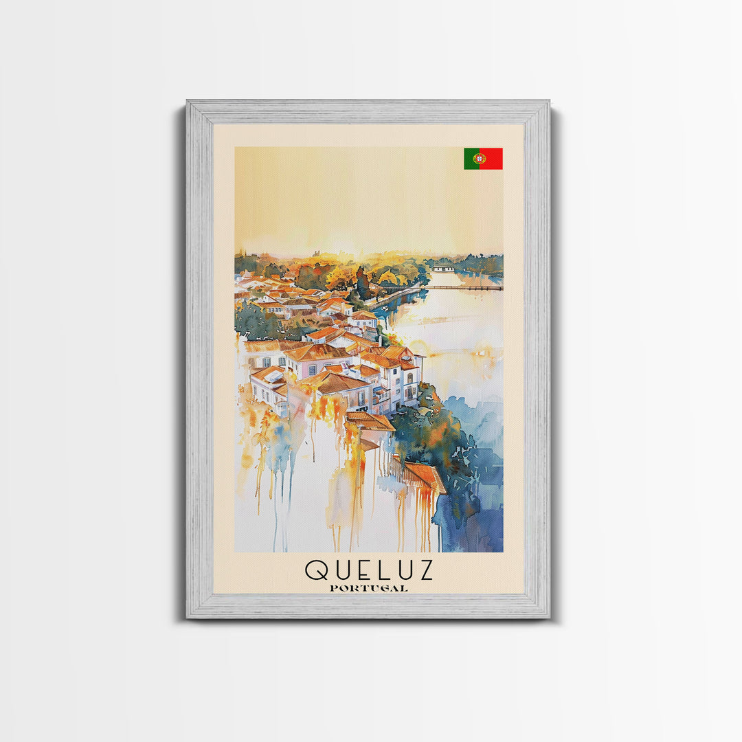 Queluz Portugal Travel Poster Framed Canvas Print, Watercolor Painting, Scenic Wall Art, Home Decor, Portuguese Landscape, Artistic Art