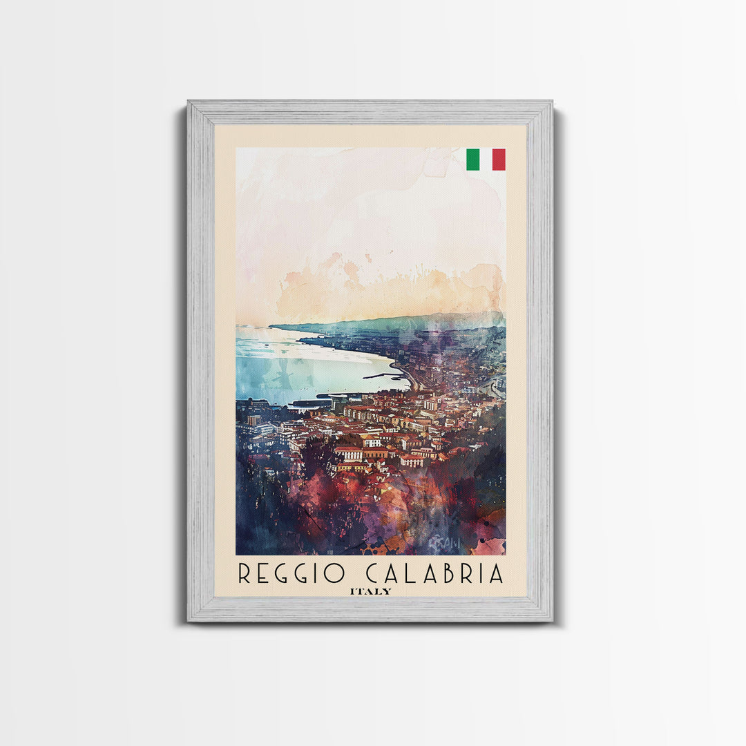 Reggio Calabria Italy Travel Poster Framed Canvas Print, Watercolor Painting, Coastal Wall Art, Home Decor, Italian Seaside, Vibrant Decor