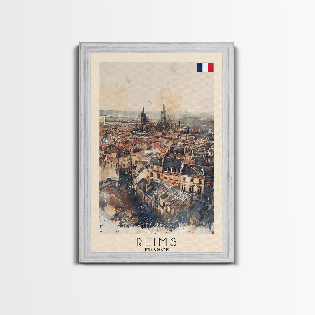 Reims France Travel Poster Framed Canvas Print, Watercolor Painting, Historic Wall Art, Home Decor, French Architecture, Classic Art