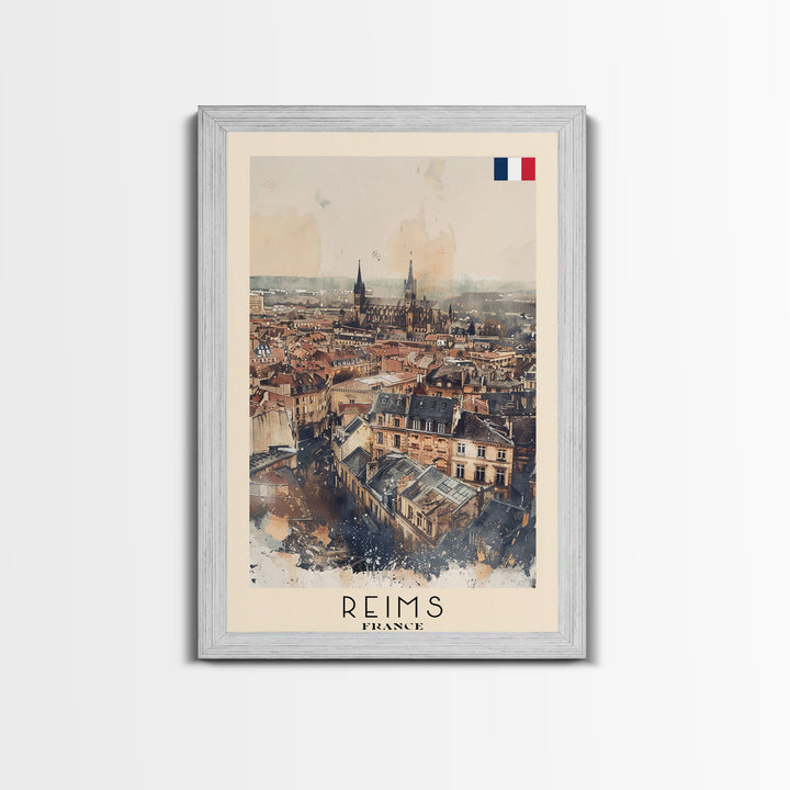 Reims France Travel Poster Framed Canvas Print, Watercolor Painting, Historic Wall Art, Home Decor, French Architecture, Classic Art