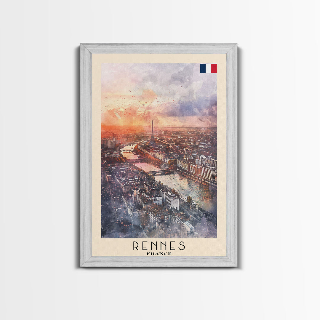 Rennes France Travel Poster Framed Canvas Print, Watercolor Painting, Scenic Wall Art, Home Decor, French Cityscape, Modern Decor