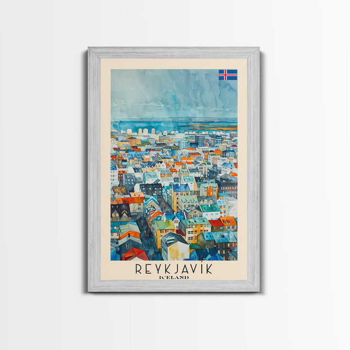 Reykjavik Iceland Travel Poster Framed Canvas Print, Watercolor Painting, Scenic Wall Art, Home Decor, Icelandic Landscape, Artistic Decor
