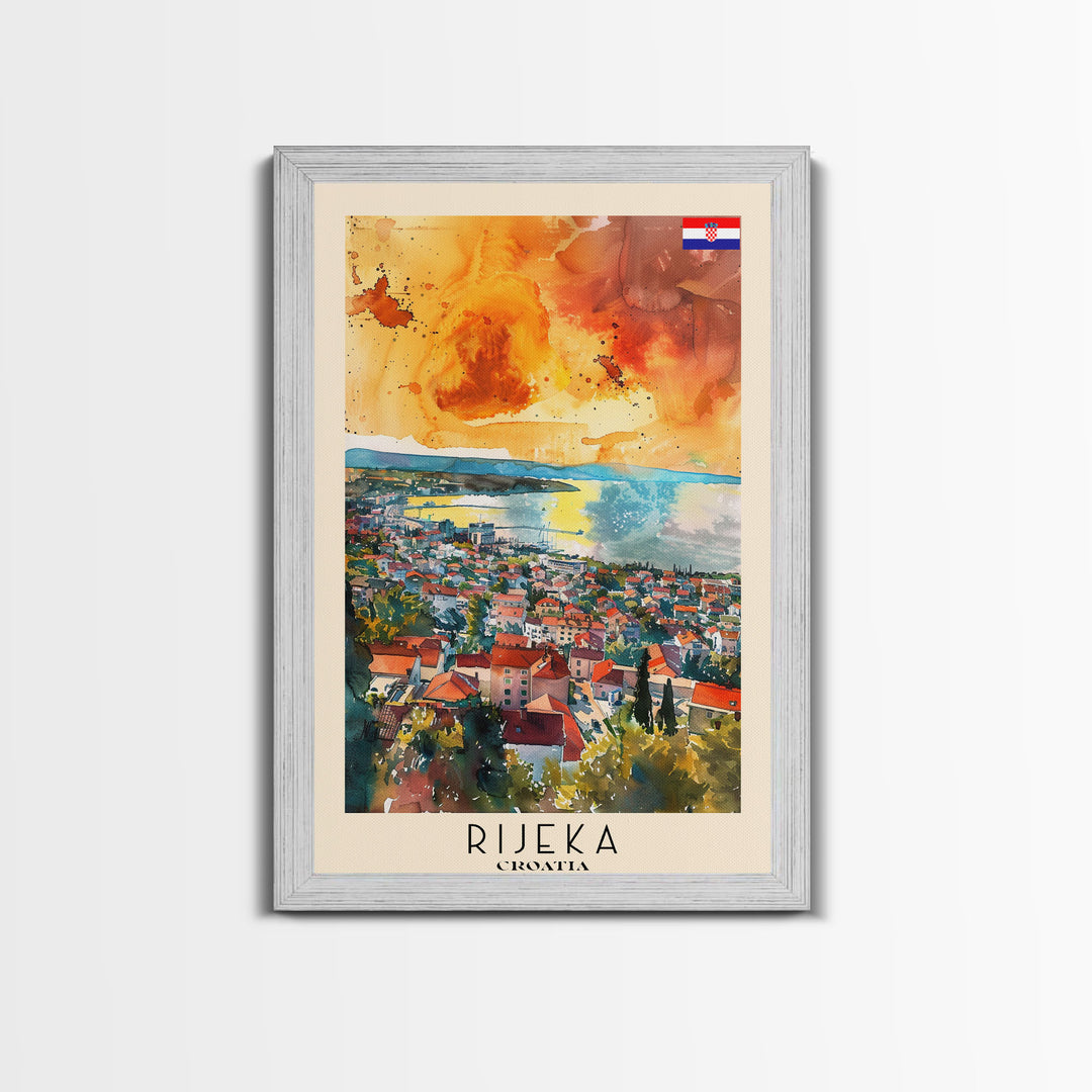 Rijeka Croatia Travel Poster Framed Canvas Print, Watercolor Painting, Coastal Wall Art, Home Decor, Croatian Seaside, Modern Art