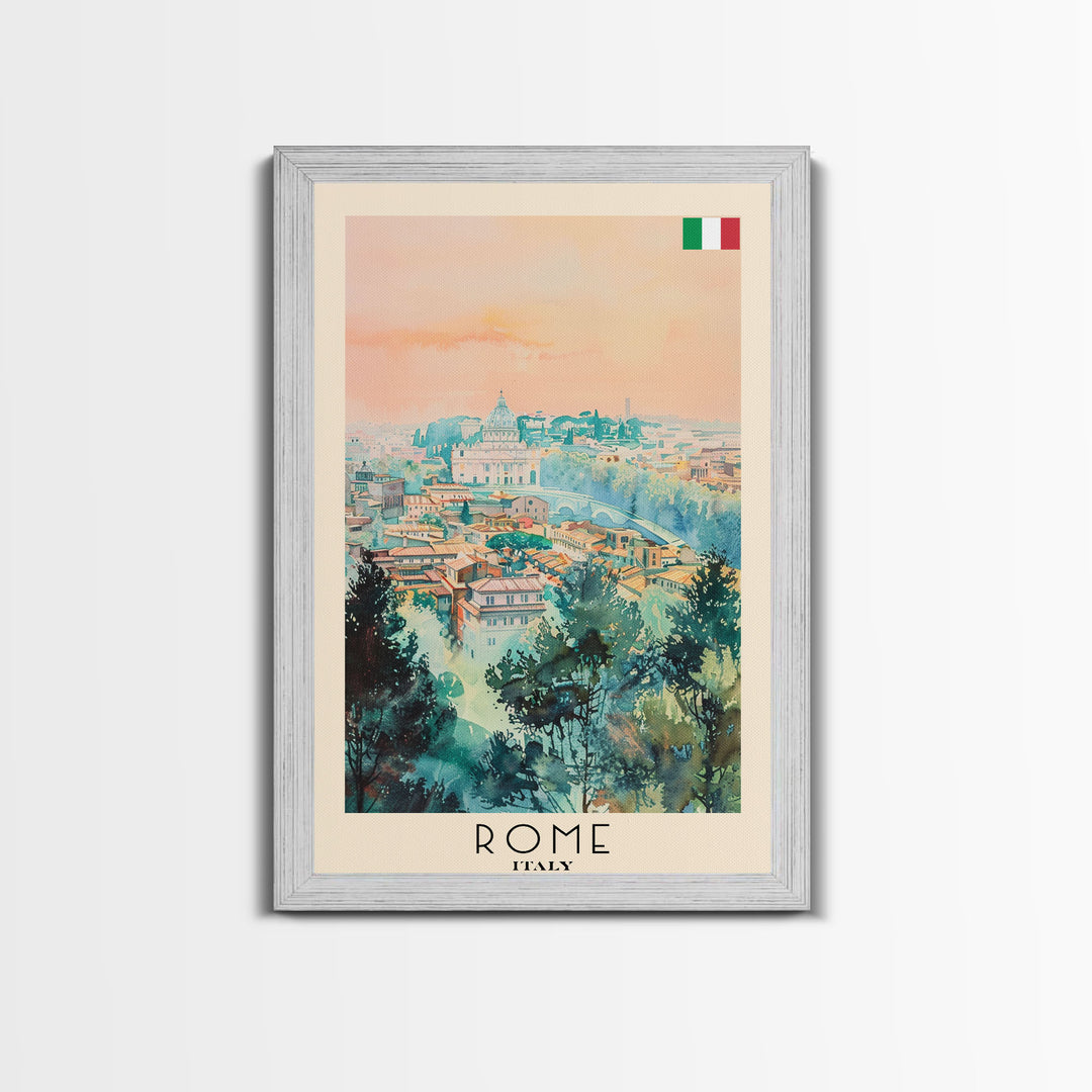 Rome Italy Travel Poster Framed Canvas Print, Watercolor Painting, Historic Wall Art, Home Decor, Italian Cityscape, Classic Art