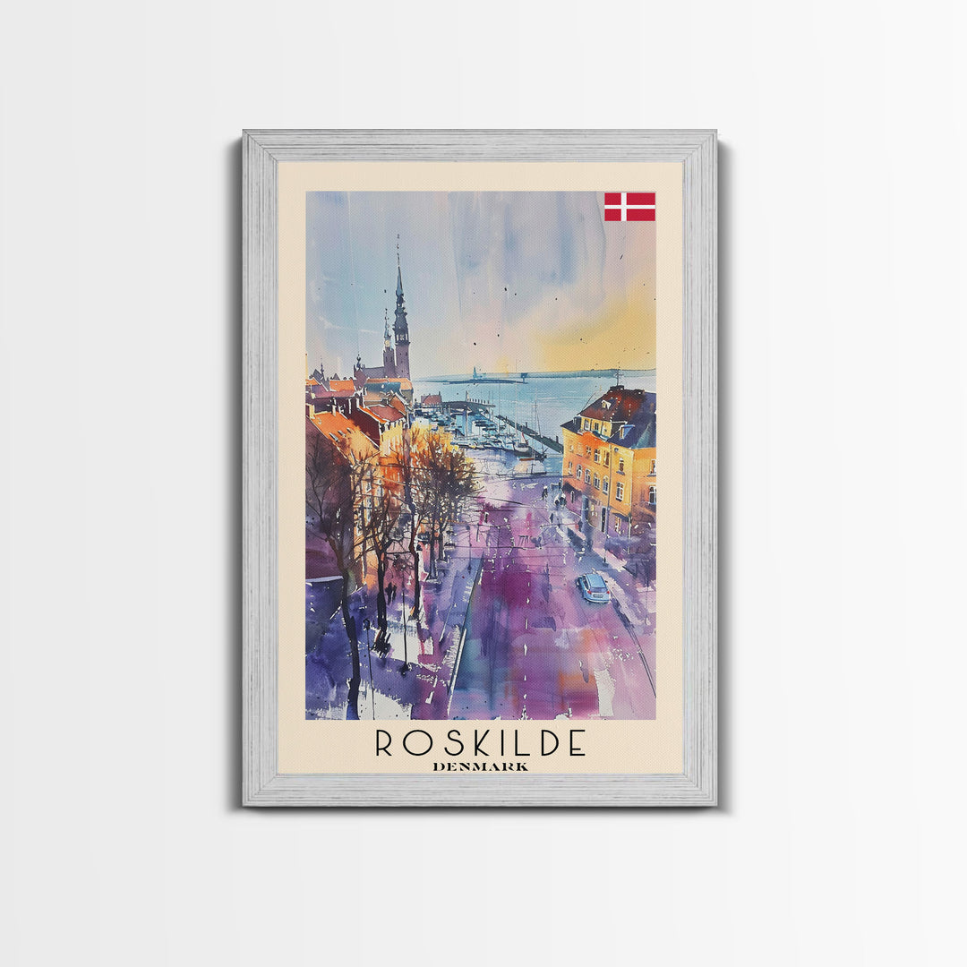 Roskilde Denmark Travel Poster Framed Canvas Print, Watercolor Painting, Scenic Wall Art, Home Decor, Danish Landscape, Modern Decor