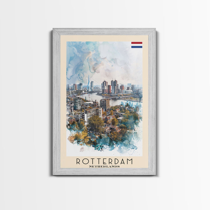 Rotterdam Netherlands Travel Poster Framed Canvas Print, Watercolor Painting, Urban Wall Art, Home Decor, Dutch Cityscape, Artistic Decor