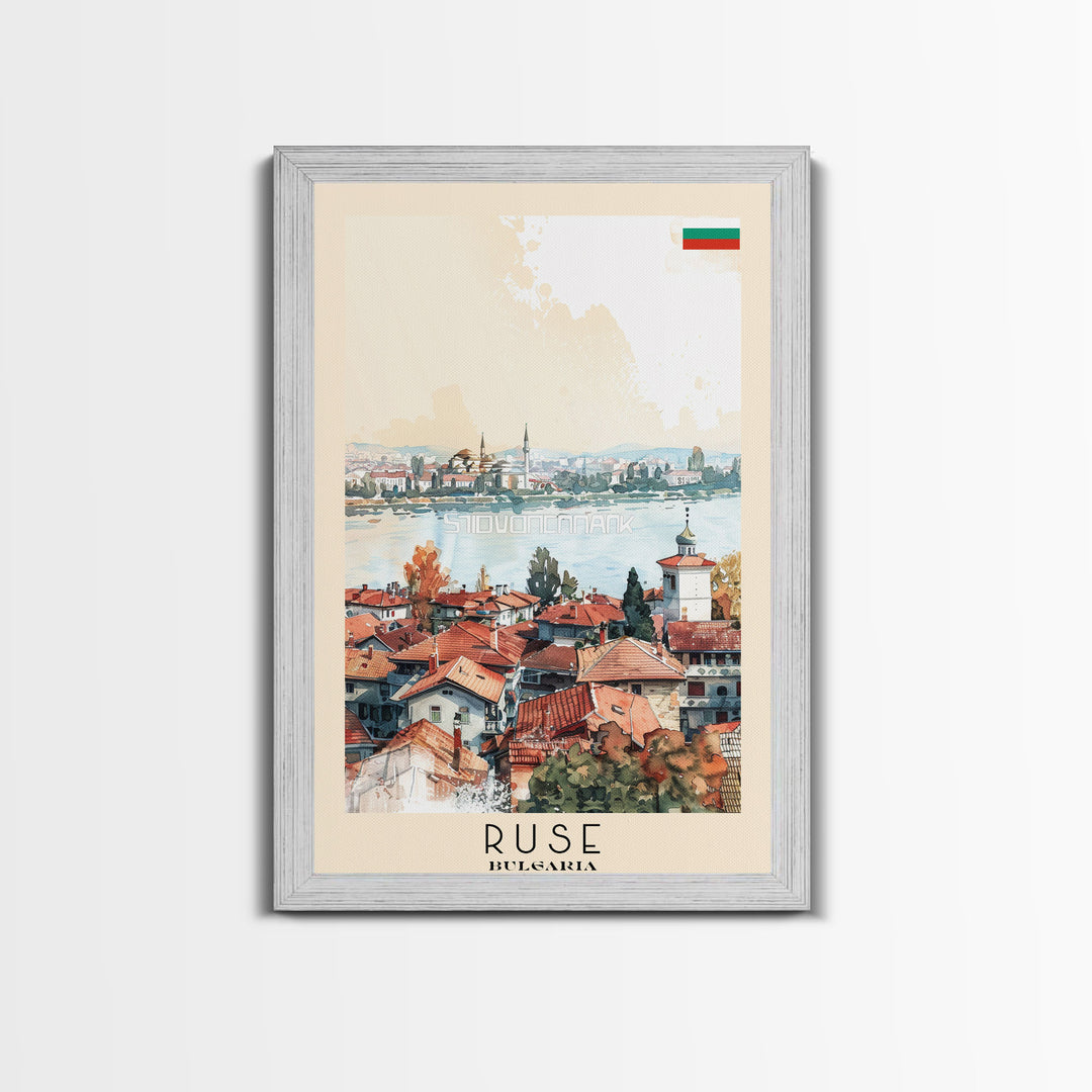 Ruse Bulgaria Travel Poster Framed Canvas Print, Watercolor Painting, Scenic Wall Art, Home Decor, Bulgarian Landscape, Classic Art