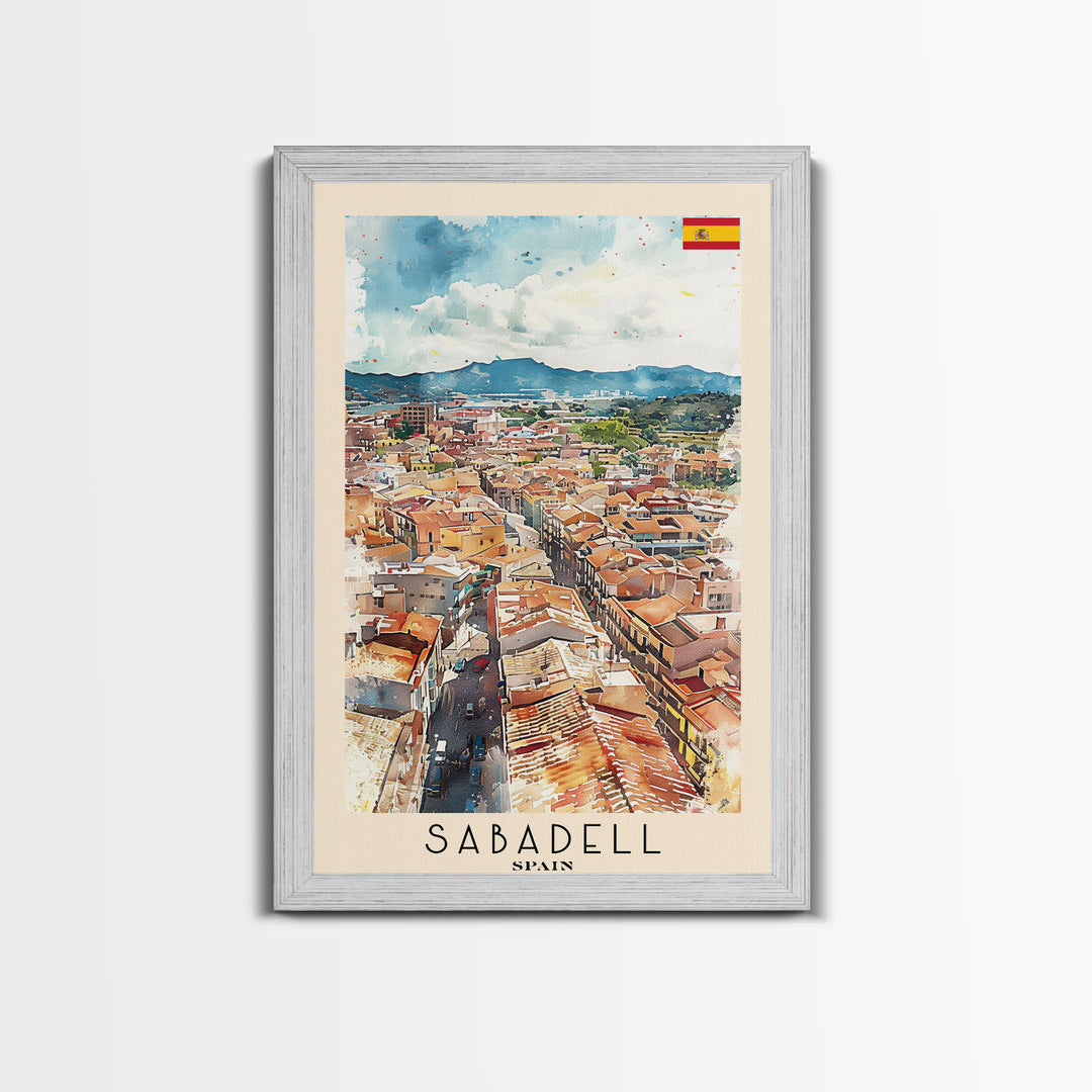 Sabadell Spain Travel Poster Framed Canvas Print, Watercolor Painting, Scenic Wall Art, Home Decor, Spanish Landscape, Artistic Art