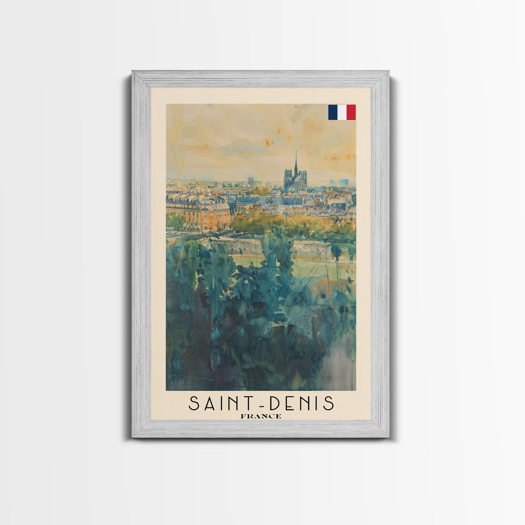 Saint Denis France Travel Poster Framed Canvas Print, Watercolor Painting, Historic Wall Art, Home Decor, French Cityscape, Vibrant Art