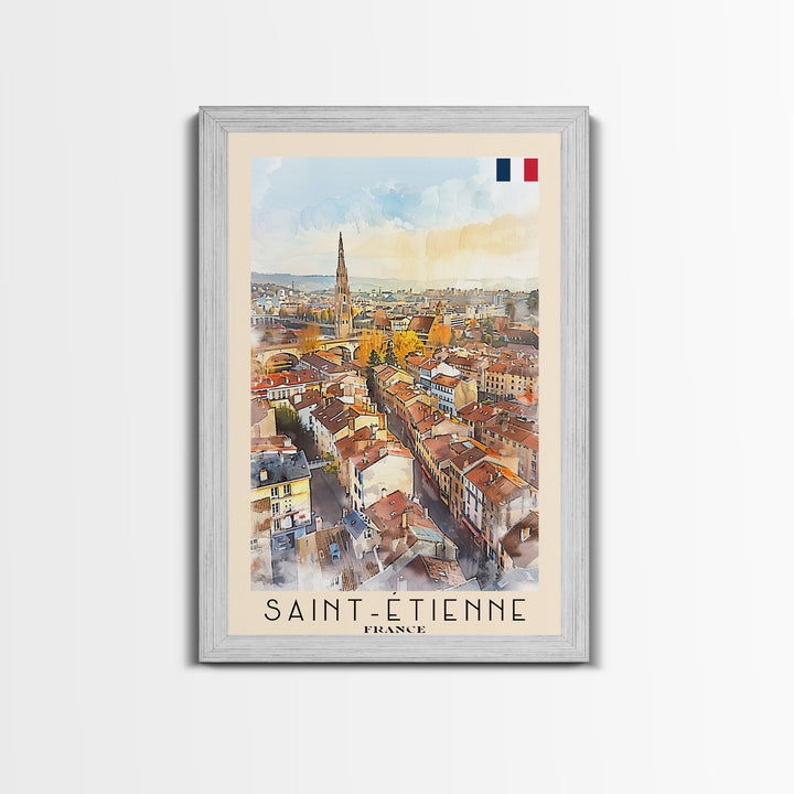 Saint Etienne France Travel Poster Framed Canvas Print, Watercolor Painting, Scenic Wall Art, Home Decor, French Cityscape, Classic Art