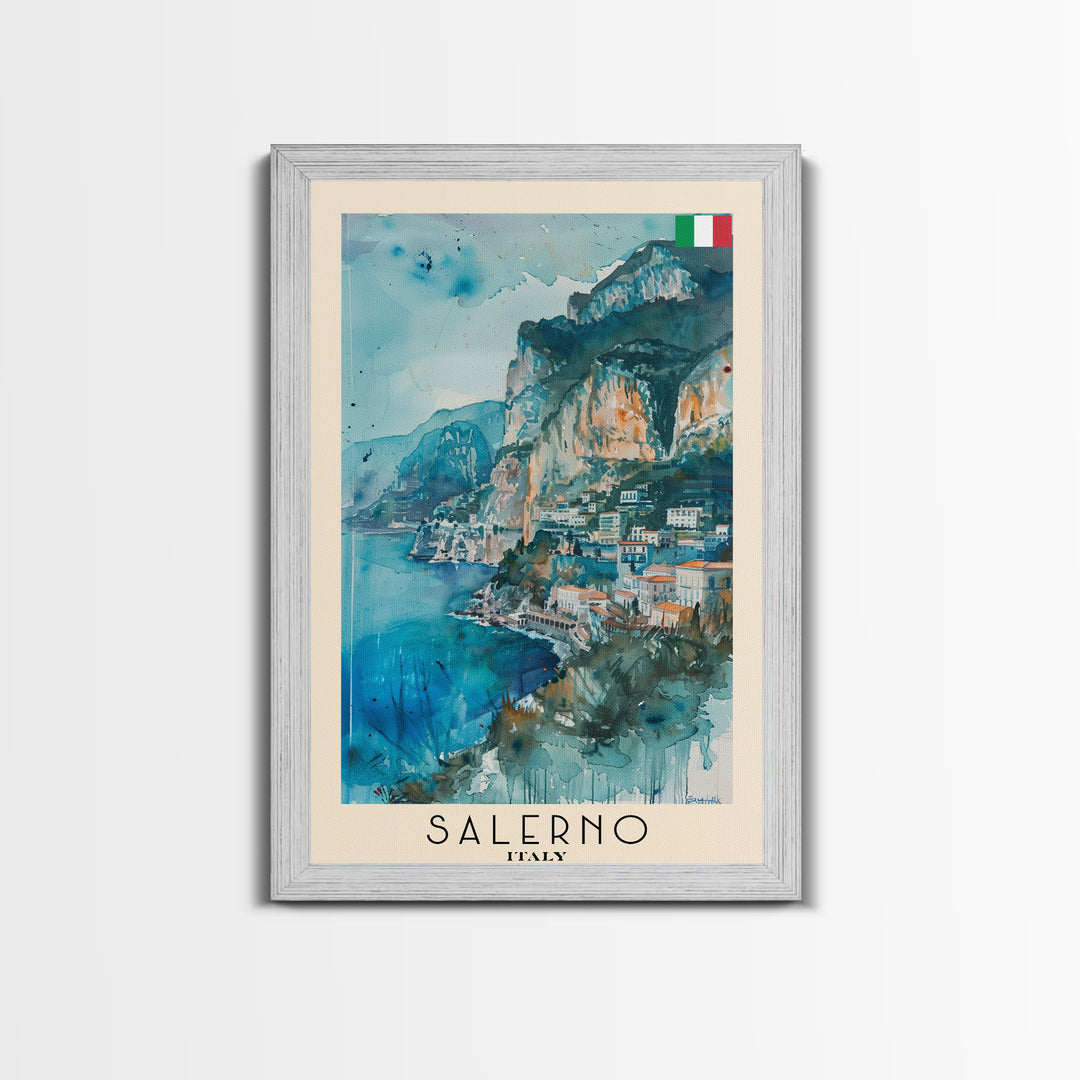 Salerno Italy Travel Poster Framed Canvas Print, Watercolor Painting, Coastal Wall Art, Home Decor, Italian Seaside, Modern Art