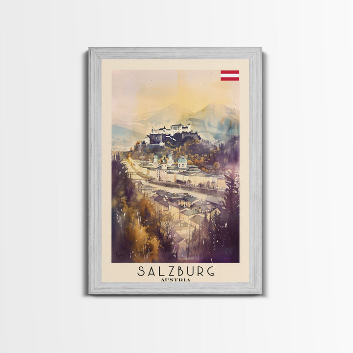 Salzburg Austria Travel Poster Framed Canvas Print, Watercolor Painting, Historic Wall Art, Home Decor, Austrian Architecture, Classic Decor