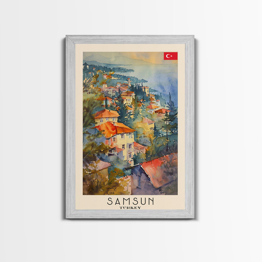 Samsun Turkey Travel Poster Framed Canvas Print, Watercolor Painting, Coastal Wall Art, Home Decor, Turkish Seaside, Modern Decor