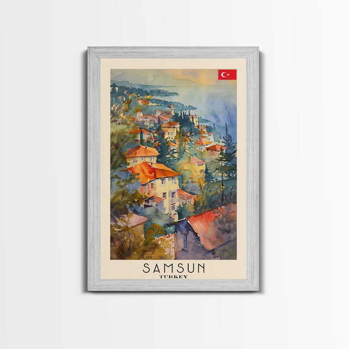 Samsun Turkey Travel Poster Framed Canvas Print, Watercolor Painting, Coastal Wall Art, Home Decor, Turkish Seaside, Modern Decor
