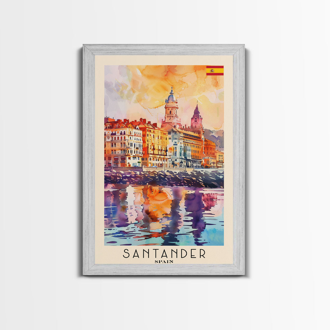 Santander Spain Travel Poster Framed Canvas Print, Watercolor Painting, Coastal Wall Art, Home Decor, Spanish Seaside, Vibrant Art