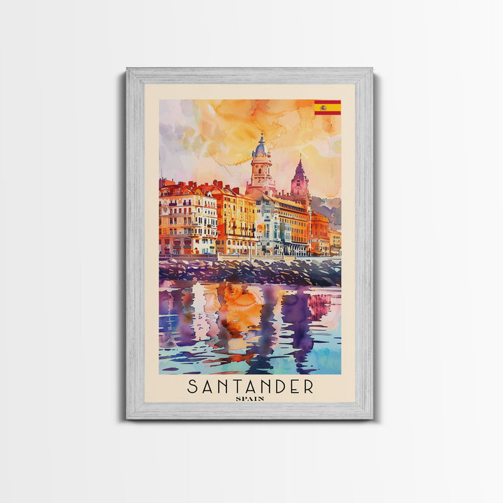 Santander Spain Travel Poster Framed Canvas Print, Watercolor Painting, Coastal Wall Art, Home Decor, Spanish Seaside, Vibrant Art
