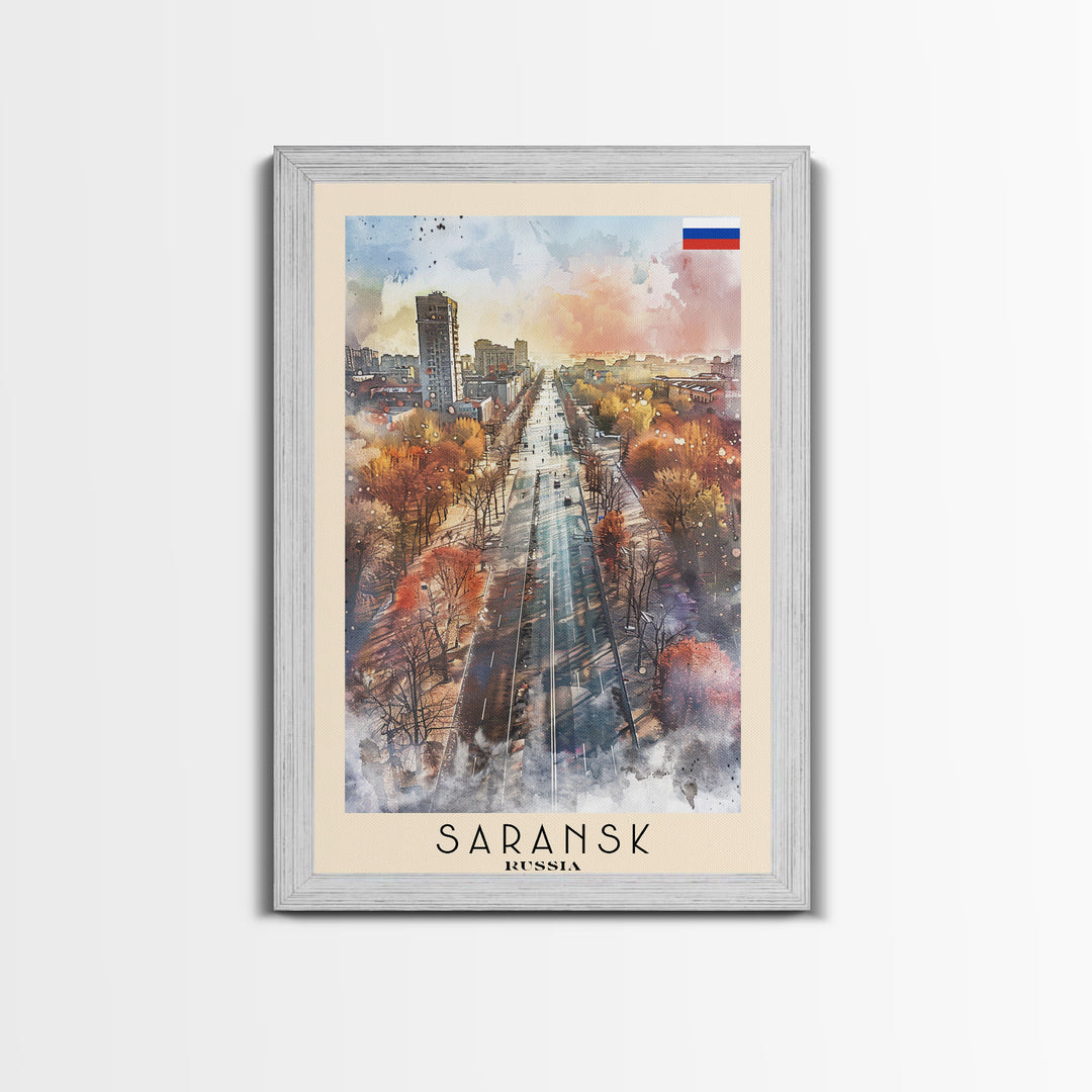 Saransk Russia Travel Poster Framed Canvas Print, Watercolor Painting, Urban Wall Art, Home Decor, Russian Cityscape, Modern Decor