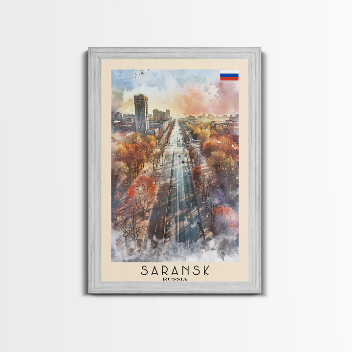 Saransk Russia Travel Poster Framed Canvas Print, Watercolor Painting, Urban Wall Art, Home Decor, Russian Cityscape, Modern Decor