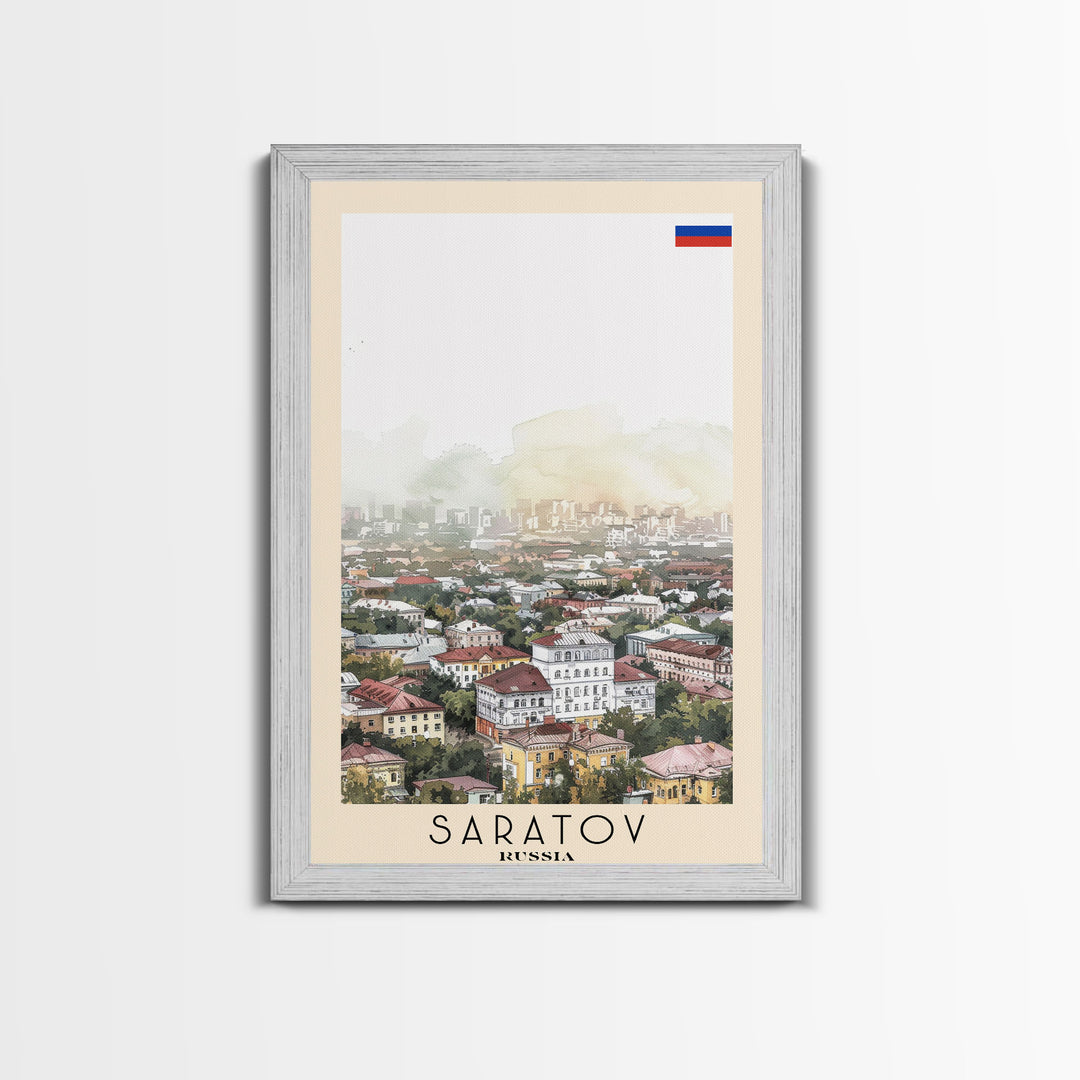 Saratov Russia Travel Poster Framed Canvas Print, Watercolor Painting, Scenic Wall Art, Home Decor, Russian Landscape, Vibrant Decor