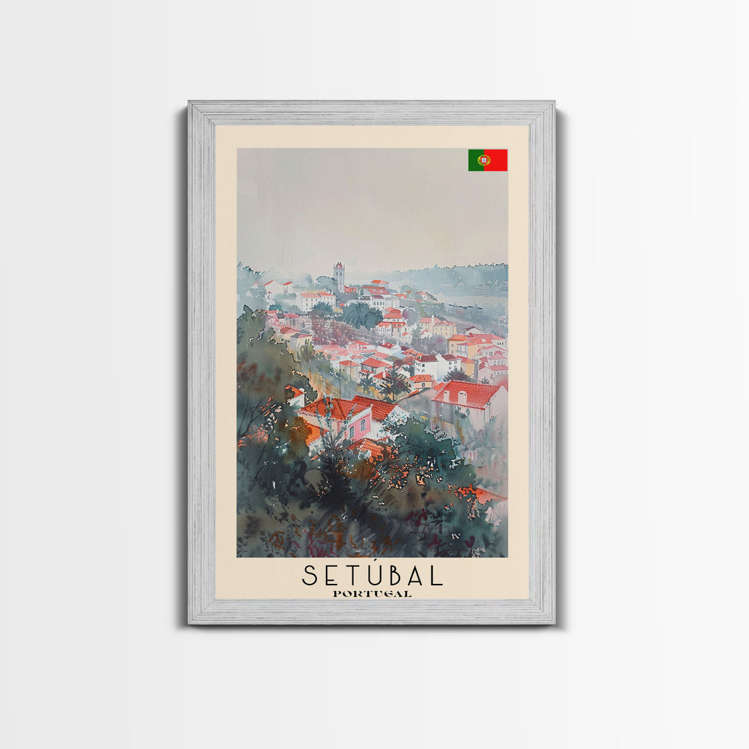 Setubal Portugal Travel Poster Framed Canvas Print, Watercolor Painting, Coastal Wall Art, Home Decor, Portuguese Seaside, Artistic Art
