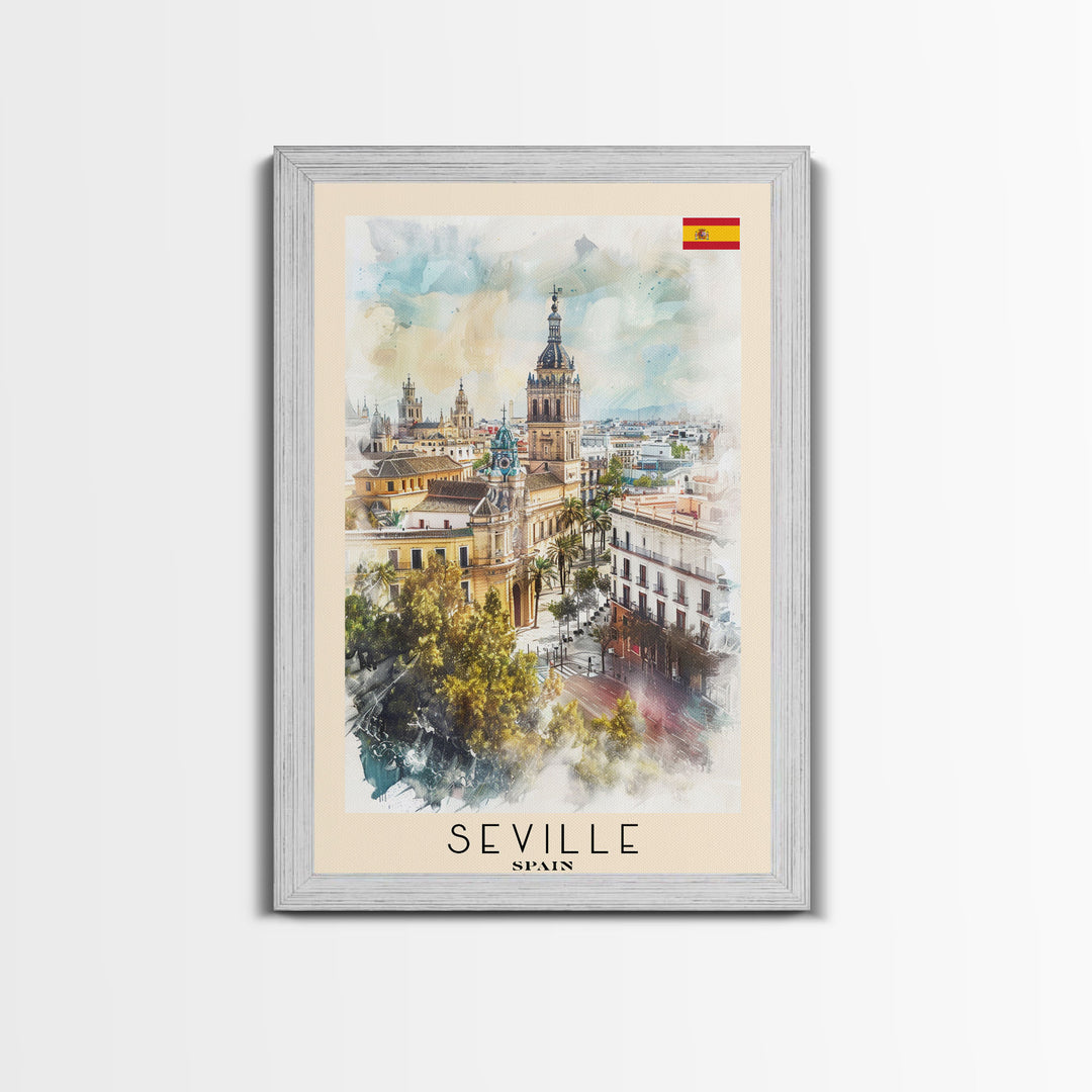 Seville Spain Travel Poster Framed Canvas Print, Watercolor Painting, Historic Wall Art, Home Decor, Spanish Architecture, Vibrant Decor