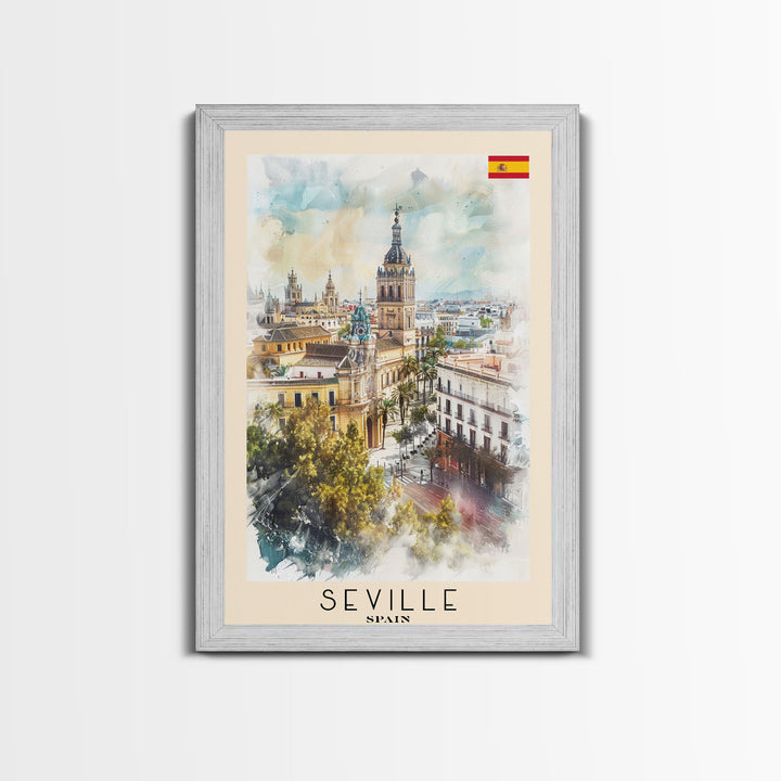 Seville Spain Travel Poster Framed Canvas Print, Watercolor Painting, Historic Wall Art, Home Decor, Spanish Architecture, Vibrant Decor