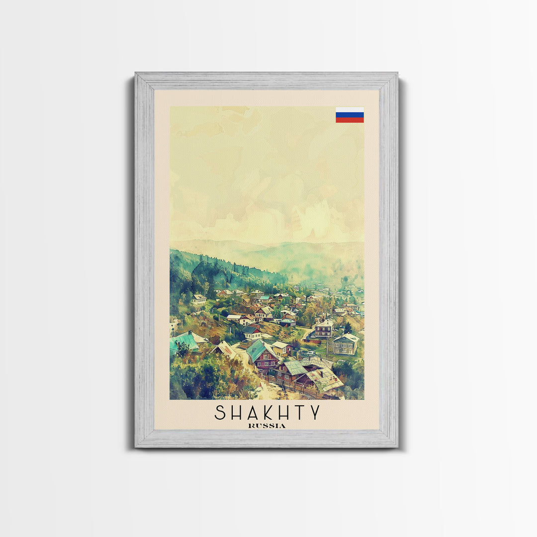 Shakhty Russia Travel Poster Framed Canvas Print, Watercolor Painting, Urban Wall Art, Home Decor, Russian Cityscape, Modern Art