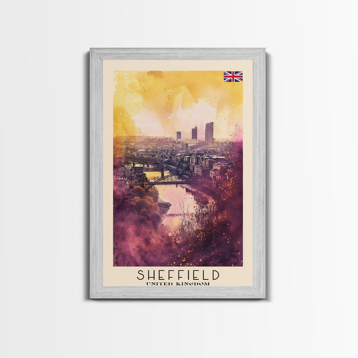 Sheffield United Kingdom Travel Poster Framed Canvas Print, Watercolor Painting, Urban Wall Art, Home Decor, British Cityscape, Artistic Decor