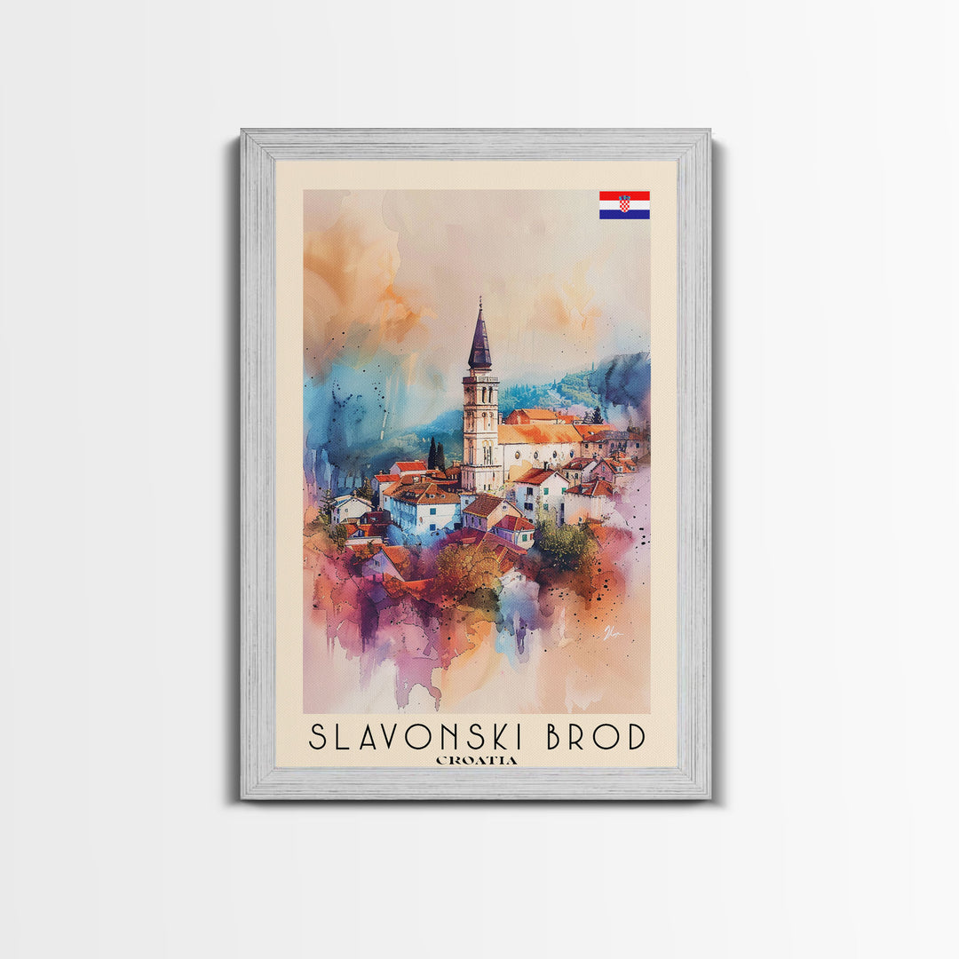 Slavonski Brod Croatia Travel Poster Framed Canvas Print, Watercolor Painting, Scenic Wall Art, Home Decor, Croatian Cityscape, Classic Art
