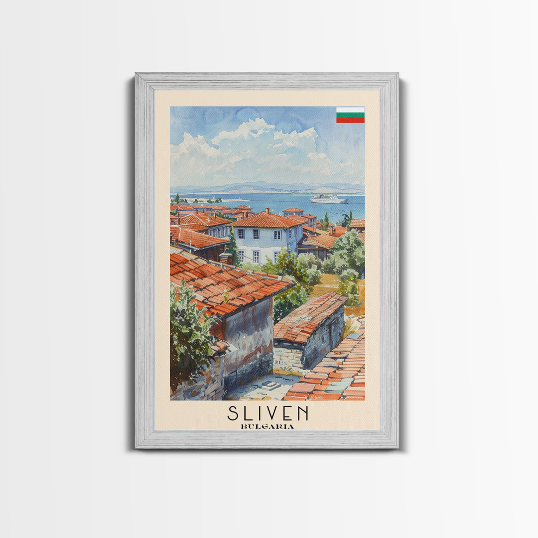 Sliven Bulgaria Travel Poster Framed Canvas Print, Watercolor Painting, Scenic Wall Art, Home Decor, Bulgarian Landscape, Artistic Decor
