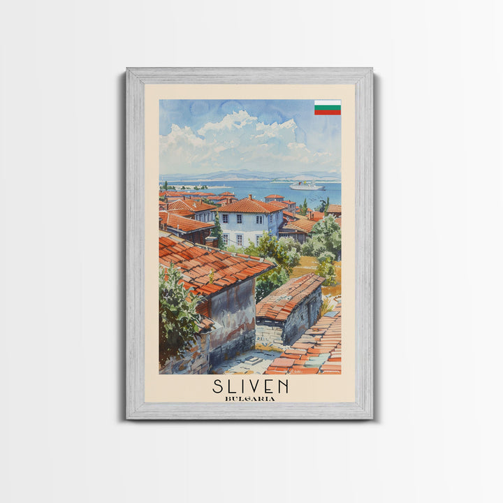 Sliven Bulgaria Travel Poster Framed Canvas Print, Watercolor Painting, Scenic Wall Art, Home Decor, Bulgarian Landscape, Artistic Decor