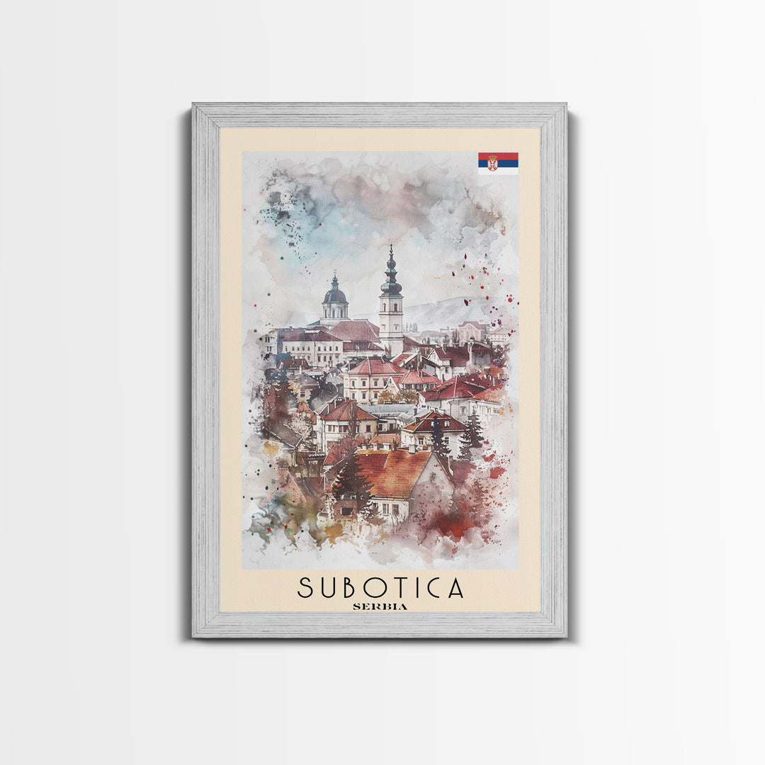 Subotica Serbia Travel Poster Framed Canvas Print, Watercolor Painting, Scenic Wall Art, Home Decor, Serbian Landscape, Vibrant Decor