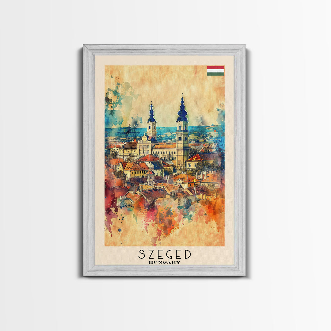 Szeged Hungary Travel Poster Framed Canvas Print, Watercolor Painting, Scenic Wall Art, Home Decor, Hungarian Cityscape, Vibrant Art