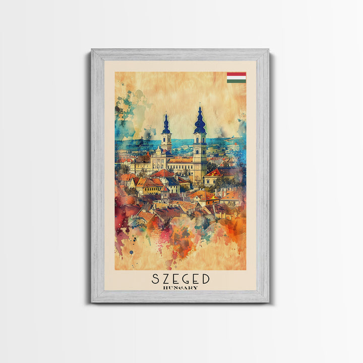 Szeged Hungary Travel Poster Framed Canvas Print, Watercolor Painting, Scenic Wall Art, Home Decor, Hungarian Cityscape, Vibrant Art