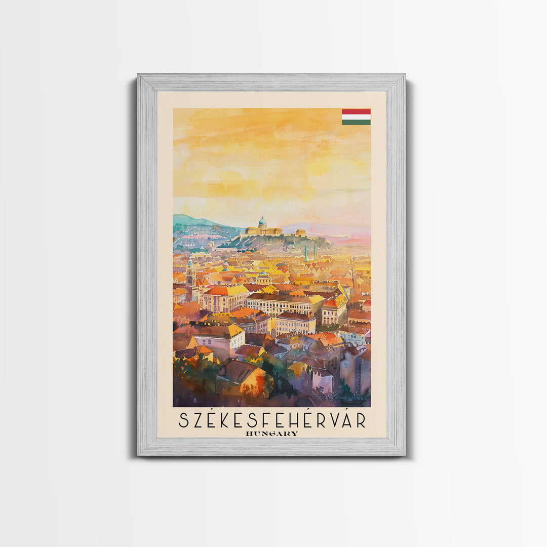 Szkesfehrvar Hungary Travel Poster Framed Canvas Print, Watercolor Painting, Scenic Wall Art, Home Decor, Hungarian Architecture, Artistic Decor