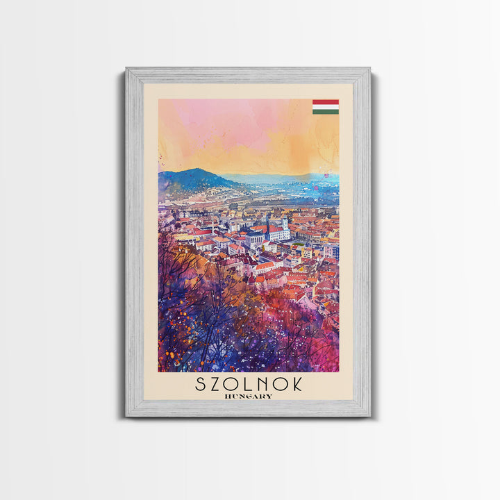 Szolnok Hungary Travel Poster Framed Canvas Print, Watercolor Painting, Scenic Wall Art, Home Decor, Hungarian Landscape, Traditional Art