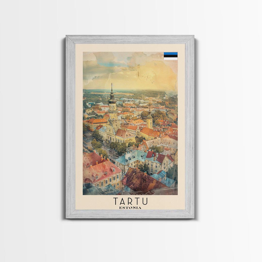 Tartu Estonia Travel Poster Framed Canvas Print, Watercolor Painting, Scenic Wall Art, Home Decor, Estonian Cityscape, Modern Decor