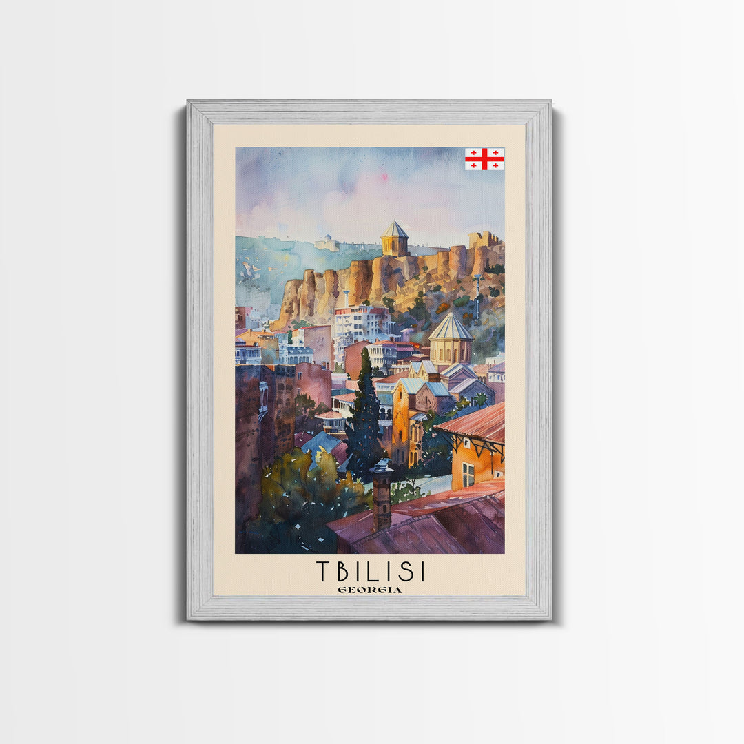 Tbilisi Georgia Travel Poster Framed Canvas Print, Watercolor Painting, Urban Wall Art, Home Decor, Georgian Cityscape, Artistic Decor