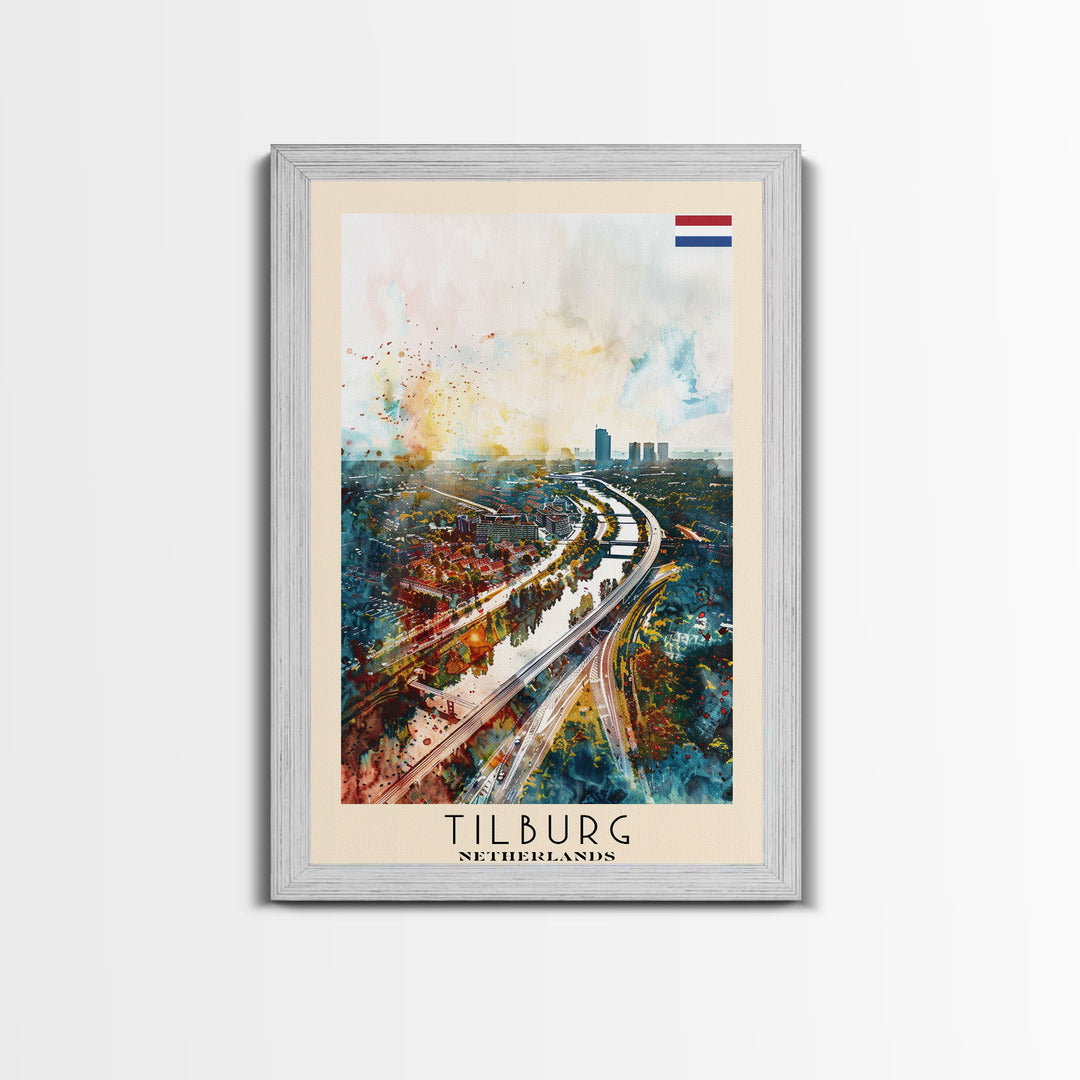 Tilburg Netherlands Travel Poster Framed Canvas Print, Watercolor Painting, Urban Wall Art, Home Decor, Dutch Cityscape, Trendy Decor