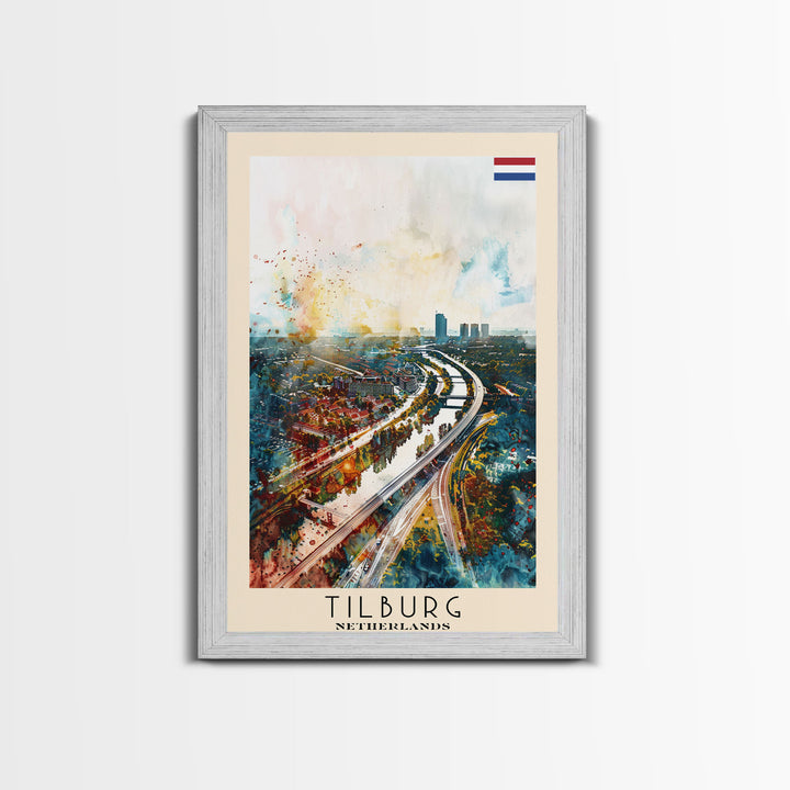 Tilburg Netherlands Travel Poster Framed Canvas Print, Watercolor Painting, Urban Wall Art, Home Decor, Dutch Cityscape, Trendy Decor