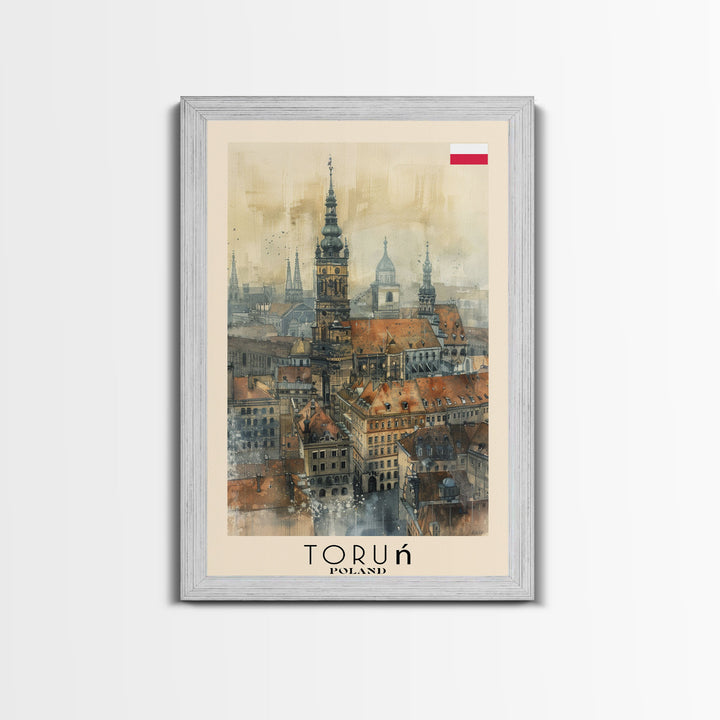 Torun Poland Travel Poster Framed Canvas Print, Watercolor Painting, Historic Wall Art, Home Decor, Polish Cityscape, Medieval Art